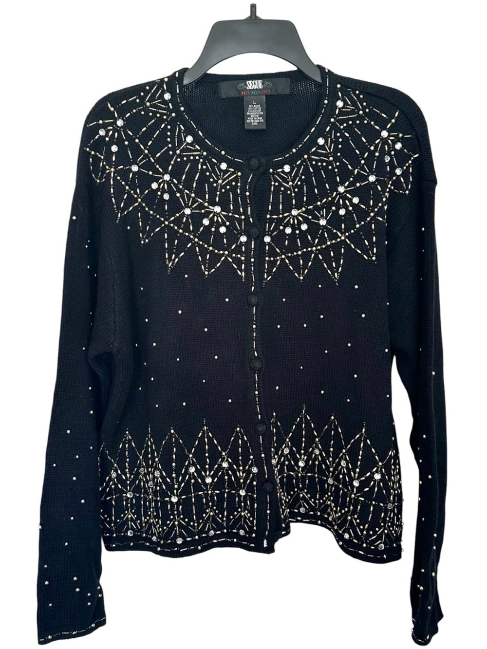 Vintage Black Gold Beaded Holiday Cardigan Sweater L Sequins Snowflake Christmas